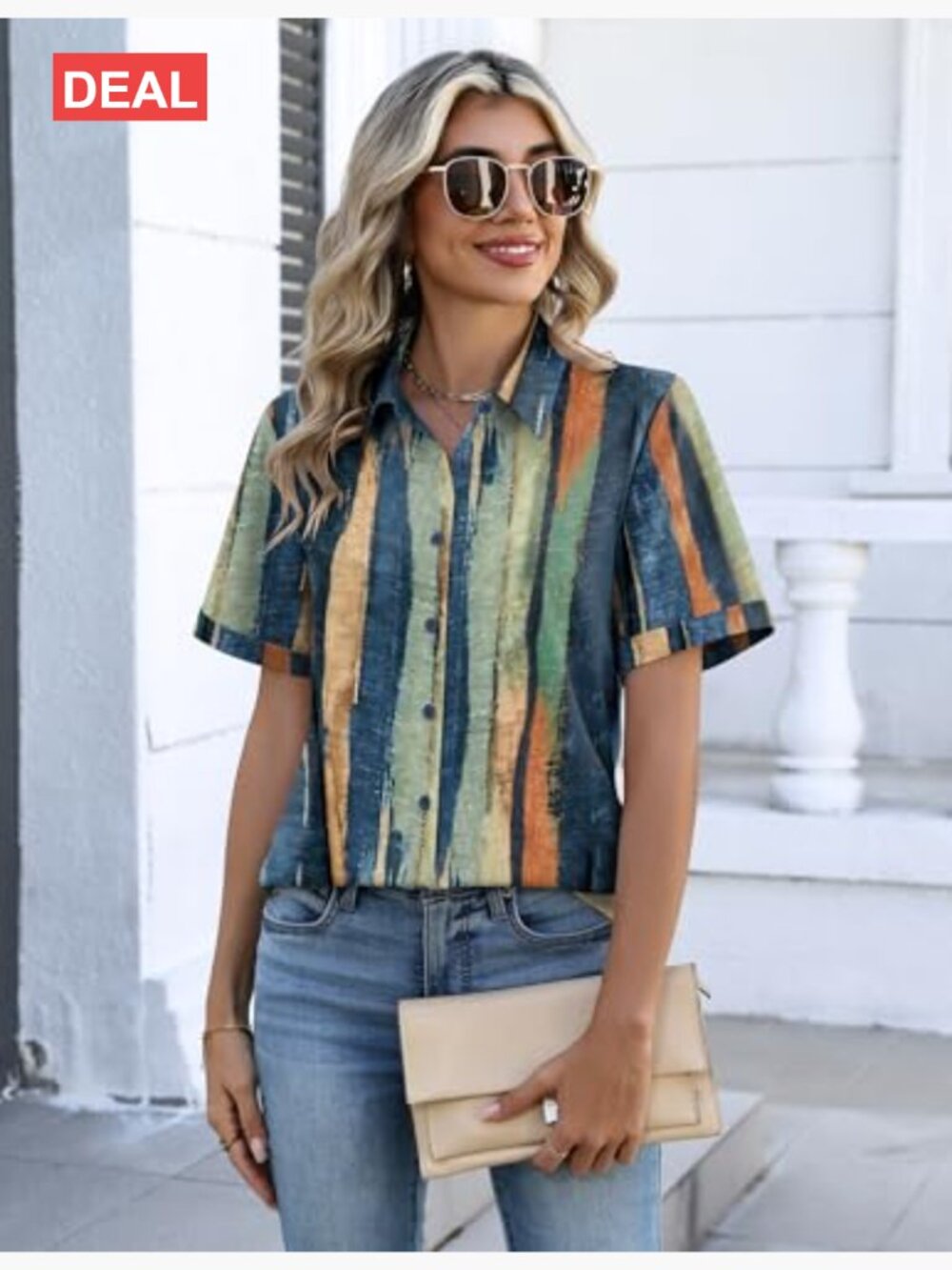 Short Sleeve V-Neck Button Down Blouse with Roll-Up Cuffs - Picture 2 of 7